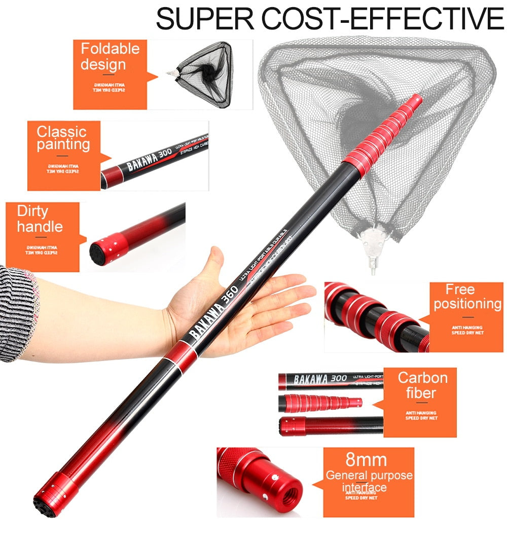 BAKAWA 3m 4m Fishing Hand Net Fly Folding Telescopic High Carbon Rock