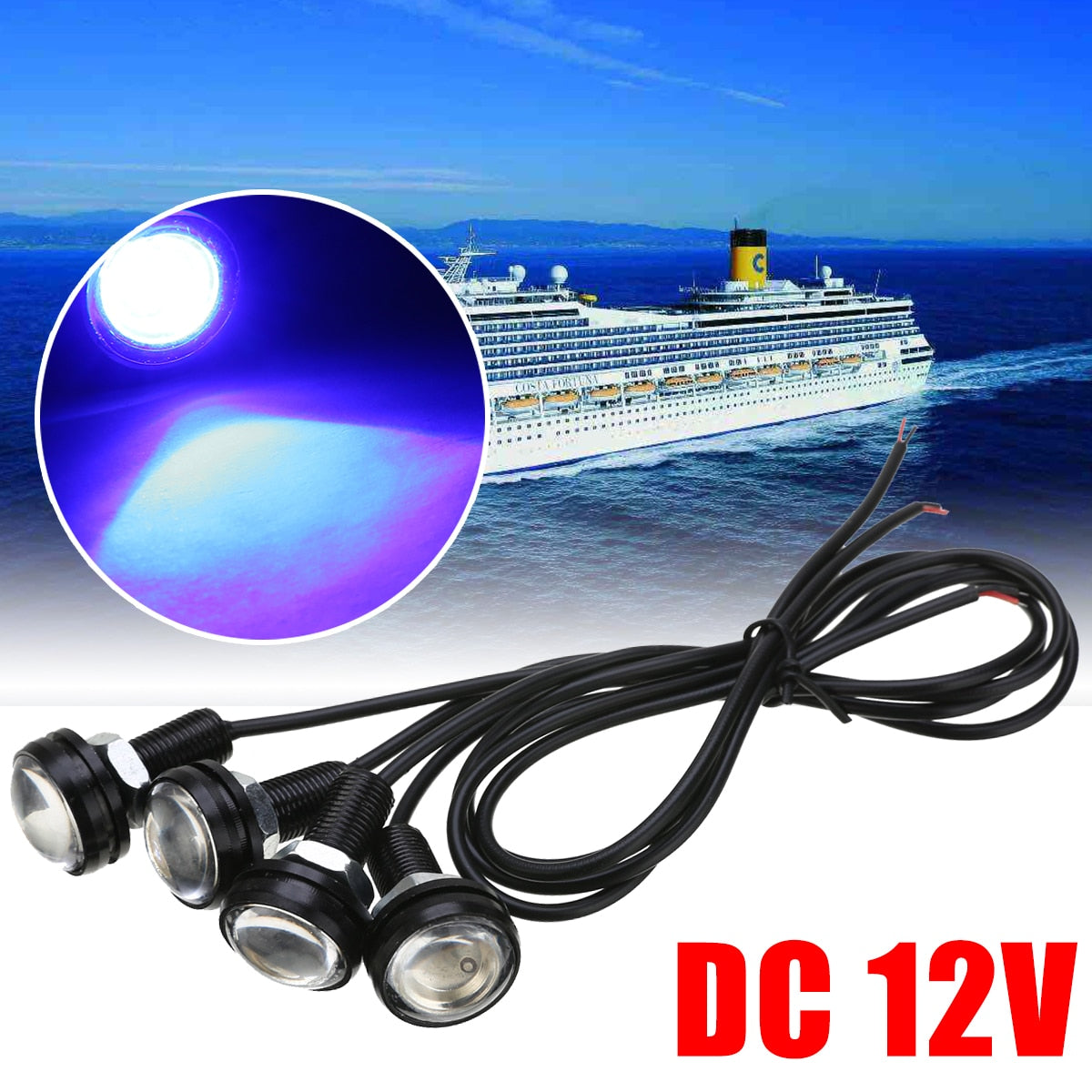 4PCS Blue LED Boat Light 12V 3W