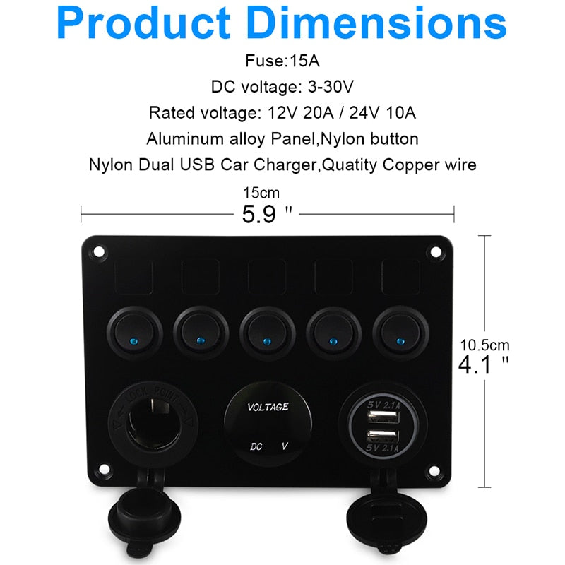 5 Gang Marine Boat Switch Panel Led