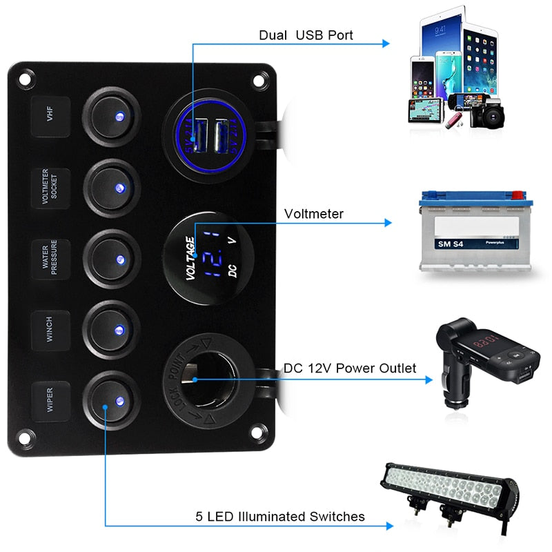 5 Gang Marine Boat Switch Panel Led