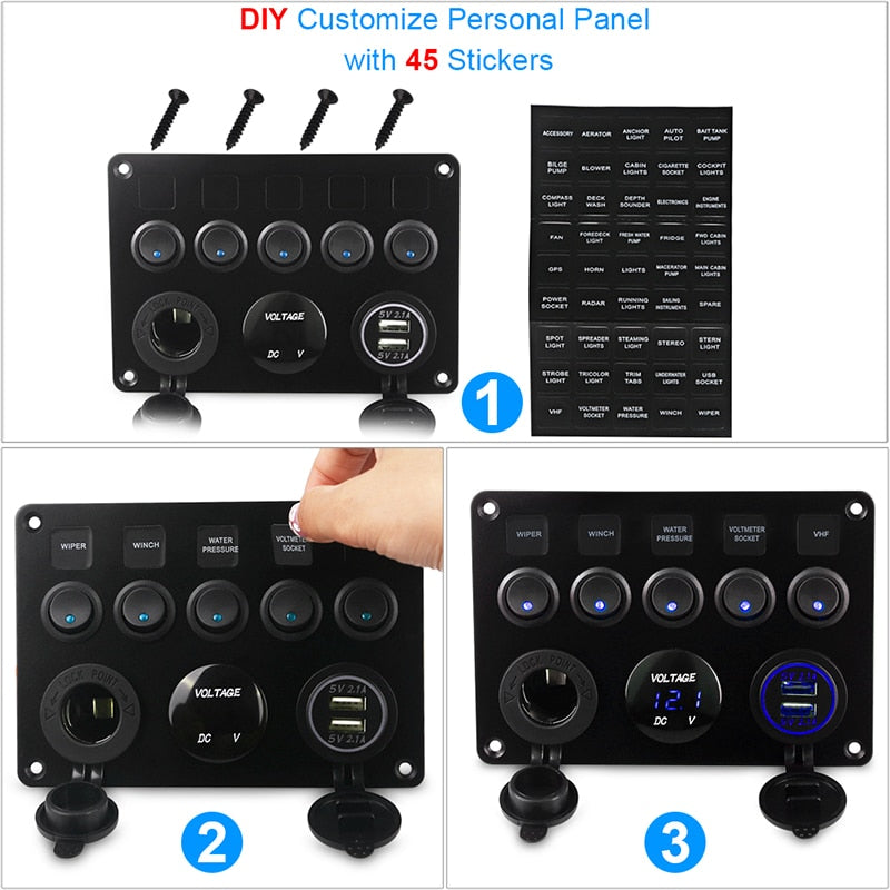 5 Gang Marine Boat Switch Panel Led