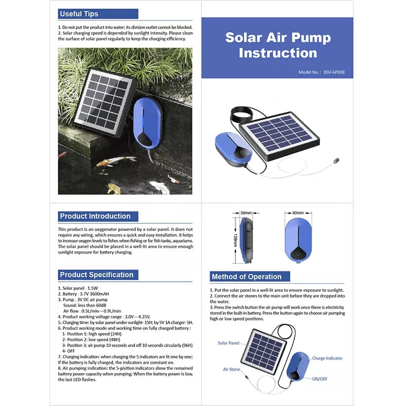 Solar Powered Oxygenator Water Oxygen Pump Pond Aerator Aquarium Air